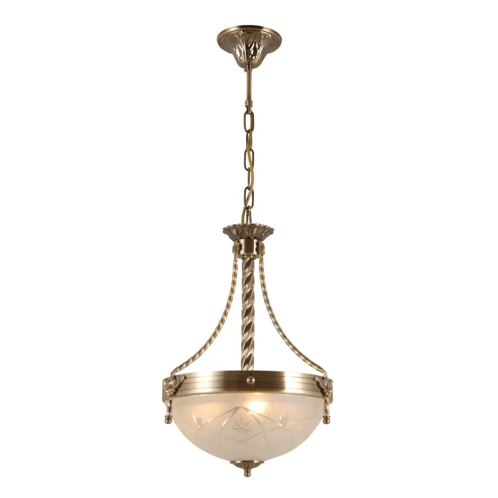 Lampadario retrò in vetro intagliato con finitura in rame