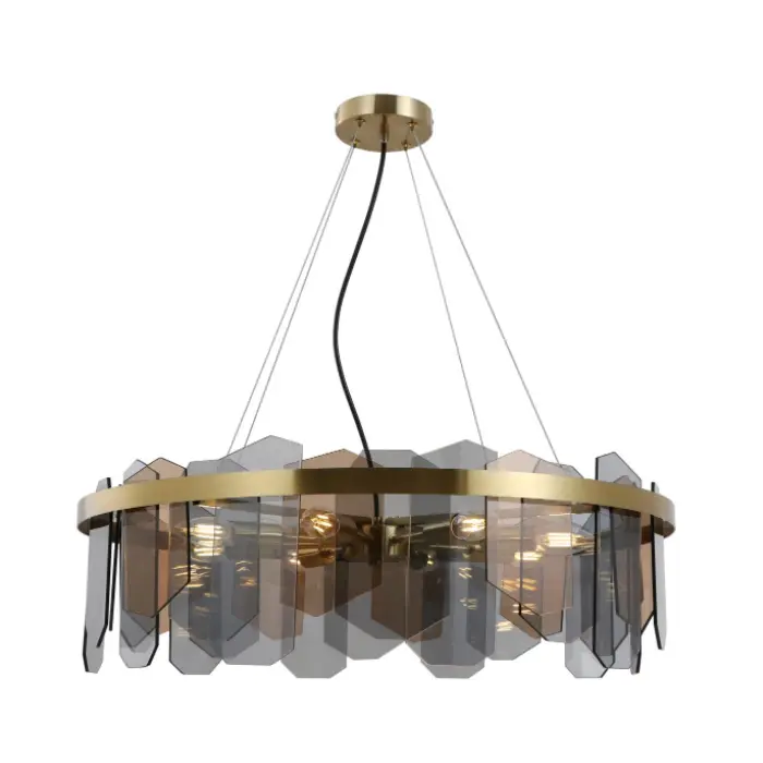 Lampada a sospensione con finitura in ottone e vetro bicolore