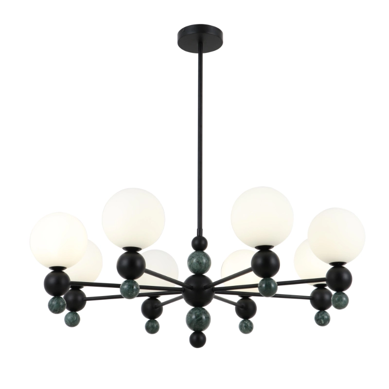 Lampadario moderno a globo in vetro a 8 luci con accenti di marmo verde