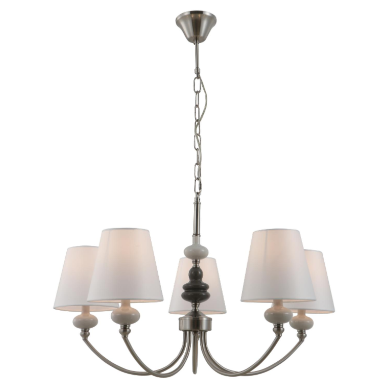 Lampadario in ceramica a 5 luci di nichel satinato con tonalità in tessuto conico bianco