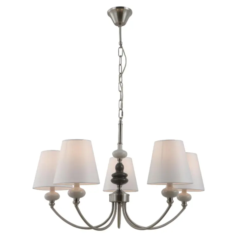 Lampadario in ceramica a 5 luci di nichel satinato con tonalità in tessuto conico bianco